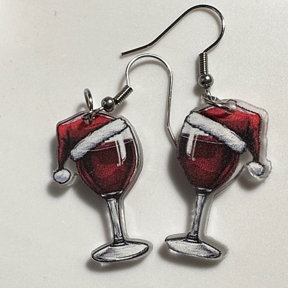 Festive Wine Glass Earrings with Santa Hat